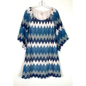 Tacera Women's A-Line Chevron Crochet Dress Size L Blue White Lined Bell Sleeve